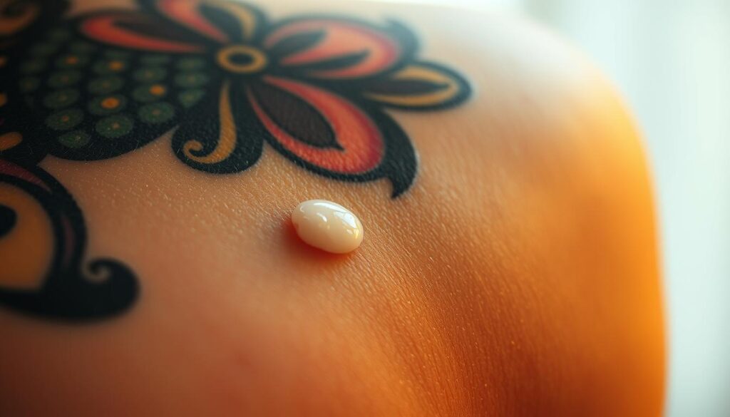 A close-up view of a freshly tattooed skin, glistening with a thin layer of soothing ointment. The tattoo design is vibrant and intricate, showcasing the artist's skilled handiwork. The skin appears slightly reddened, indicating the healing process is underway. The background is out of focus, creating a soft, diffused effect that draws the viewer's attention to the tattoo. Soft, warm lighting illuminates the scene, casting a gentle glow and highlighting the texture of the skin. The overall mood is one of care and attention, conveying the importance of proper tattoo aftercare for optimal healing. A close-up view of a freshly tattooed skin, glistening with a thin layer of soothing ointment. The tattoo design is vibrant and intricate, showcasing the artist's skilled handiwork. The skin appears slightly reddened, indicating the healing process is underway. The background is out of focus, creating a soft, diffused effect that draws the viewer's attention to the tattoo. Soft, warm lighting illuminates the scene, casting a gentle glow and highlighting the texture of the skin. The overall mood is one of care and attention, conveying the importance of proper tattoo aftercare for optimal healing.