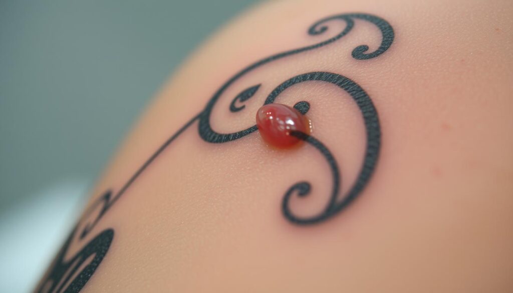 A close-up view of a freshly tattooed skin, revealing the intricate design and the initial stages of the healing process. The skin appears slightly reddened and slightly swollen, with a thin layer of protective ointment glistening on the surface. The lighting is soft and diffused, creating a sense of delicacy and intimacy. The background is blurred, allowing the focus to remain on the tattoo and the healing process. The overall atmosphere conveys a sense of care, attention, and the gradual transformation the tattoo will undergo as it heals. A close-up view of a freshly tattooed skin, revealing the intricate design and the initial stages of the healing process. The skin appears slightly reddened and slightly swollen, with a thin layer of protective ointment glistening on the surface. The lighting is soft and diffused, creating a sense of delicacy and intimacy. The background is blurred, allowing the focus to remain on the tattoo and the healing process. The overall atmosphere conveys a sense of care, attention, and the gradual transformation the tattoo will undergo as it heals.