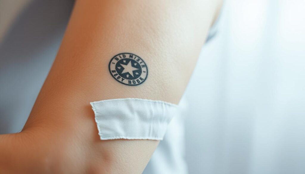 A close-up view of a human arm, with a faded tattoo on the skin. The tattoo is partially obscured by a bandage, indicating the process of laser removal. The lighting is soft and diffuse, casting gentle shadows that accentuate the texture of the skin. The background is blurred, placing the focus entirely on the tattoo and the removal procedure. The overall mood is one of clinical precision and the sense of a medical procedure being performed, yet with a touch of empathy and understanding for the personal journey of the individual undergoing the treatment.