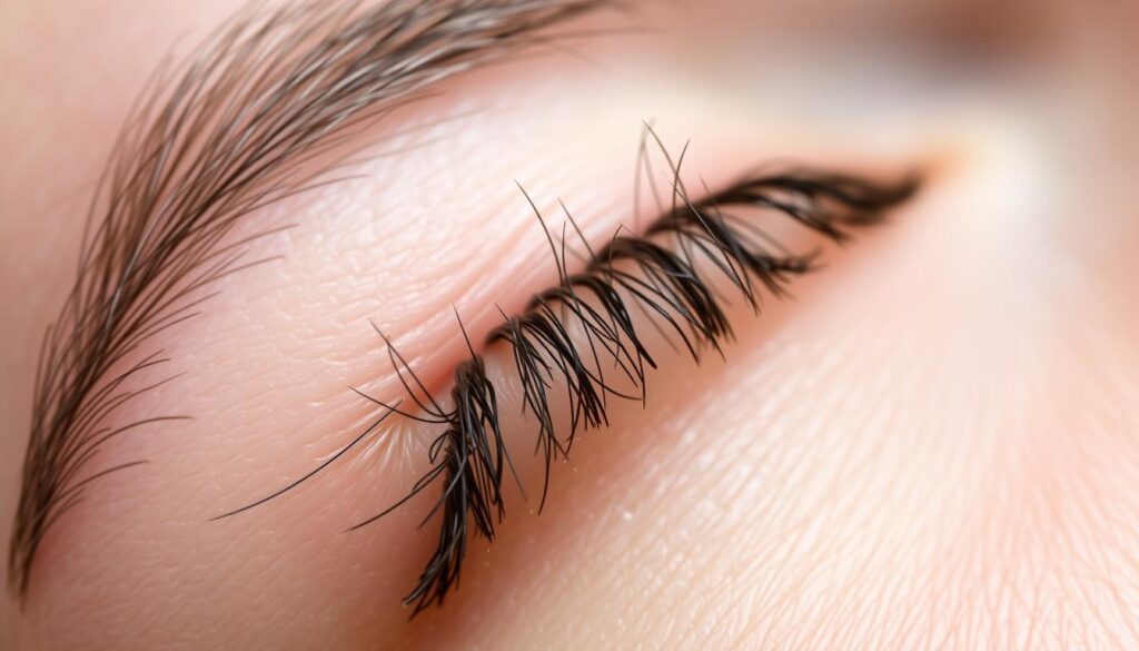 A close-up view of a human eyebrow, captured with a macro lens in natural, soft lighting. The eyebrow hairs are in various stages of regrowth, some just starting to emerge from the skin while others are longer and more defined. The texture of the skin is visible, with subtle pores and fine lines adding realism. The focus is sharp on the central area of the eyebrow, gradually blurring towards the edges, conveying a sense of depth and focus. The overall mood is one of scientific observation, highlighting the natural process of eyebrow regeneration in a detailed, almost clinical manner.