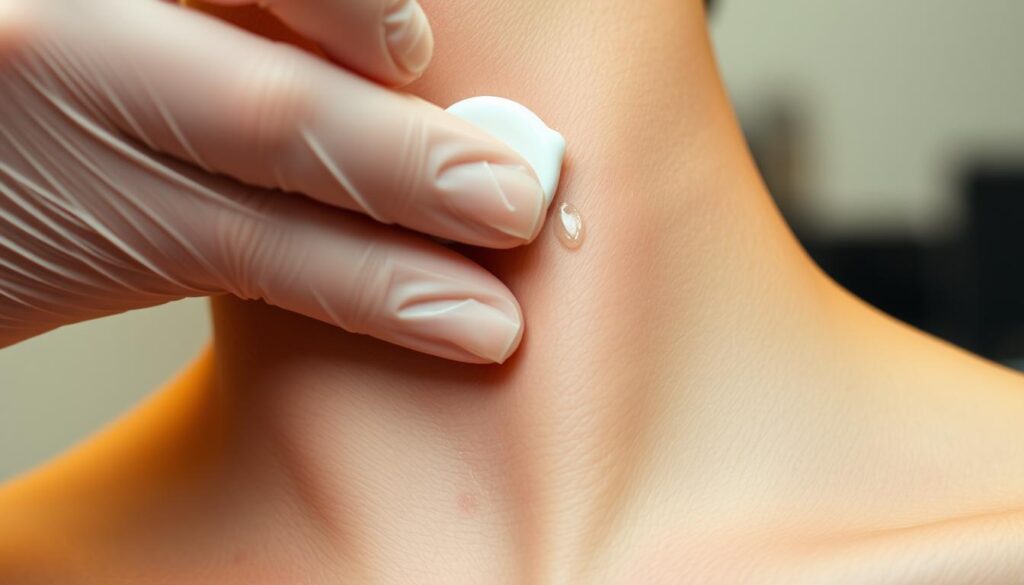 A close-up view of a human hand gently applying a numbing topical cream or anesthetic to the skin of the neck, preparing the area for a tattoo. The texture of the skin is clear, with a slight sheen from the cream. The hand is wearing latex gloves, creating a sterile, medical atmosphere. The lighting is warm and even, highlighting the delicate procedure. The background is blurred, keeping the focus on the hand and the skin. The overall mood is one of care, attention to detail, and the anticipation of the upcoming tattoo process. A close-up view of a human hand gently applying a numbing topical cream or anesthetic to the skin of the neck, preparing the area for a tattoo. The texture of the skin is clear, with a slight sheen from the cream. The hand is wearing latex gloves, creating a sterile, medical atmosphere. The lighting is warm and even, highlighting the delicate procedure. The background is blurred, keeping the focus on the hand and the skin. The overall mood is one of care, attention to detail, and the anticipation of the upcoming tattoo process.