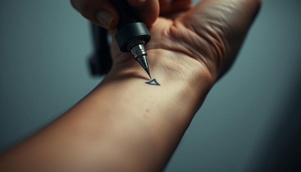 A close-up view of a person's arm, the skin slightly flushed and reddened, as a tattoo artist's needle delicately inks a design onto the tender skin of the inner wrist. The tattoo is in its early stages, the outline just beginning to take shape, with the artist's hand in the frame, wielding the tattoo gun with precision. The background is blurred, placing the focus entirely on the intimate moment of the tattoo process. The lighting is soft and diffused, creating a sense of calm and introspection. The overall atmosphere evokes a mixture of anticipation, discomfort, and the determination to endure the temporary pain for the sake of the desired artwork.