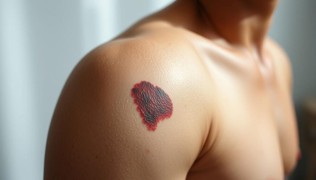 A close-up view of a person's arm with a vibrant tattoo, partially faded and blotchy, against a soft, blurred background. The skin appears textured, with visible pores and uneven pigmentation, hinting at the complexities of the tattoo removal process. The lighting is subtle, casting gentle shadows and highlighting the imperfections. The composition emphasizes the tattoo, drawing the viewer's attention to the various factors that can influence the number of sessions required for successful removal, such as ink type, skin tone, and individual healing response.