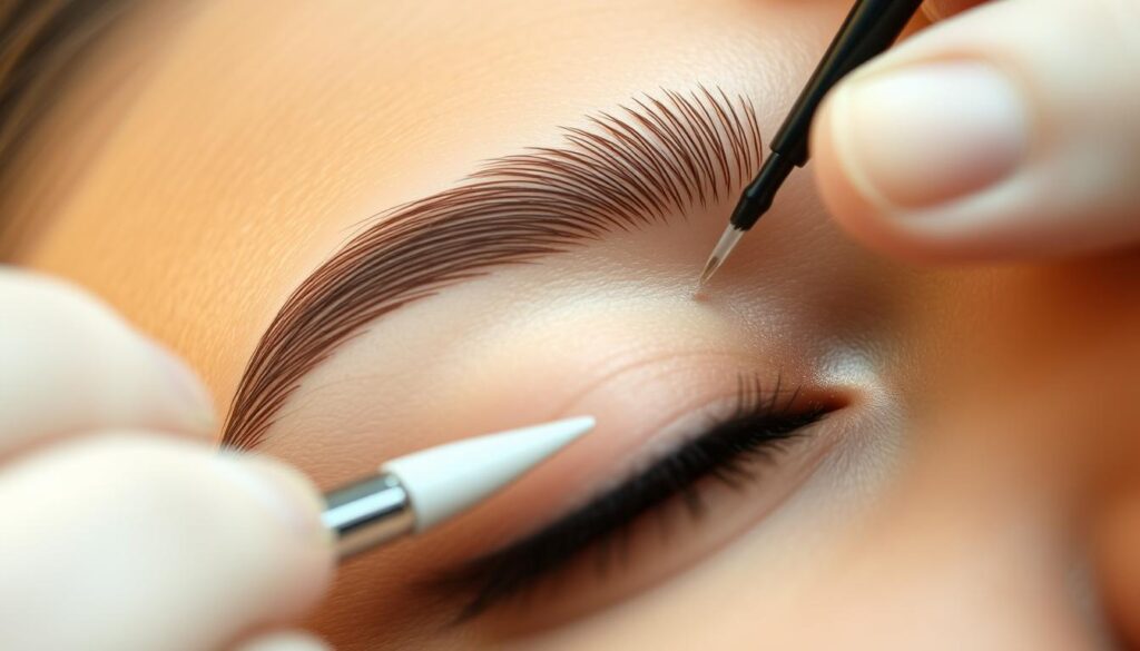 A close-up view of a person's eyebrows, showcasing the delicate process of brow pigmentation. The foreground features a soft, even application of pigment, with fine brush strokes visible. The middle ground captures the concentration and attention to detail as the technician carefully works, their hands steady and precise. The background is blurred, creating a sense of focus on the brow transformation. Warm, natural lighting illuminates the scene, highlighting the intricate textures and shades of the brows. The overall mood is one of calm, professional care, reflecting the time and expertise required for the brow pigmentation procedure.
