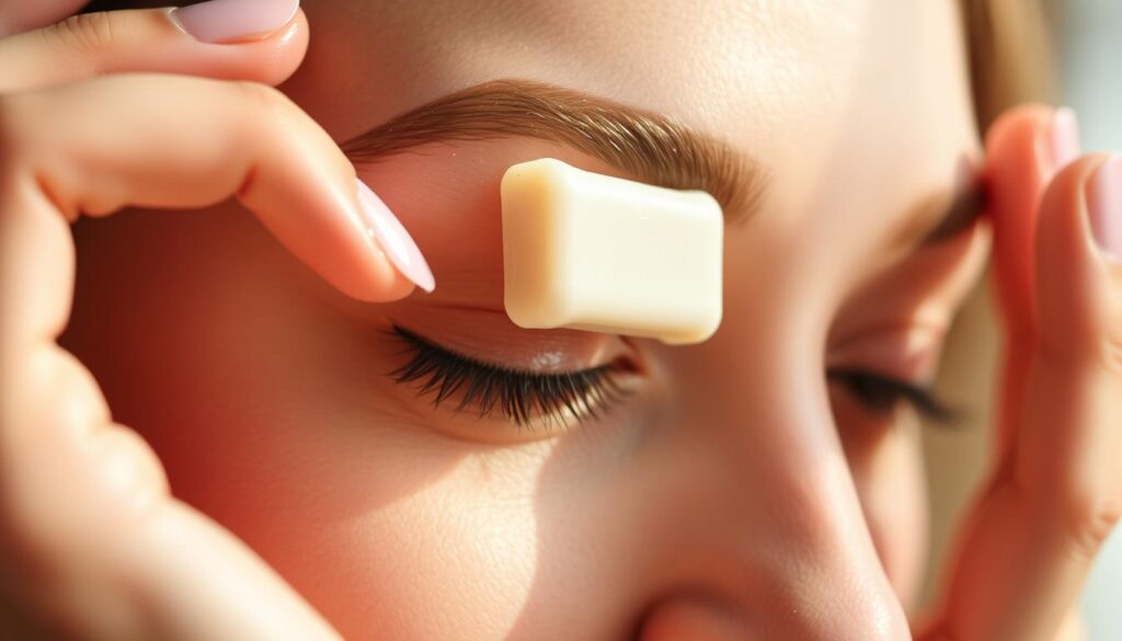A close-up view of a person's hands gently applying a bar of soap to their eyebrows, with a soft, natural lighting illuminating the scene. The focus is on the delicate, precise movements, showcasing the technique of using soap to shape and define the brows. The background is slightly blurred, drawing the viewer's attention to the central action. The overall mood is one of calm and focus, reflecting the step-by-step process of achieving the "soap brows" look. A close-up view of a person's hands gently applying a bar of soap to their eyebrows, with a soft, natural lighting illuminating the scene. The focus is on the delicate, precise movements, showcasing the technique of using soap to shape and define the brows. The background is slightly blurred, drawing the viewer's attention to the central action. The overall mood is one of calm and focus, reflecting the step-by-step process of achieving the "soap brows" look.