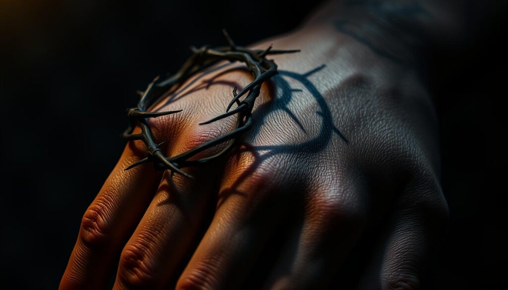 A close-up view of a tattoo depicting thorns twisting and curling around a human hand, symbolizing the pain and suffering of the human experience. The thorns cast dramatic shadows, creating a chiaroscuro effect that evokes a somber, introspective mood. The skin surrounding the tattoo appears weathered and scarred, hinting at a journey of hardship and resilience. The lighting is moody and dramatic, with a subtle warm glow from an unseen source, casting a contemplative atmosphere. The composition focuses on the tattoo, filling the frame, with a minimal background to eliminate distractions and keep the viewer's attention on the central metaphor of suffering as an integral part of the human condition. A close-up view of a tattoo depicting thorns twisting and curling around a human hand, symbolizing the pain and suffering of the human experience. The thorns cast dramatic shadows, creating a chiaroscuro effect that evokes a somber, introspective mood. The skin surrounding the tattoo appears weathered and scarred, hinting at a journey of hardship and resilience. The lighting is moody and dramatic, with a subtle warm glow from an unseen source, casting a contemplative atmosphere. The composition focuses on the tattoo, filling the frame, with a minimal background to eliminate distractions and keep the viewer's attention on the central metaphor of suffering as an integral part of the human condition.