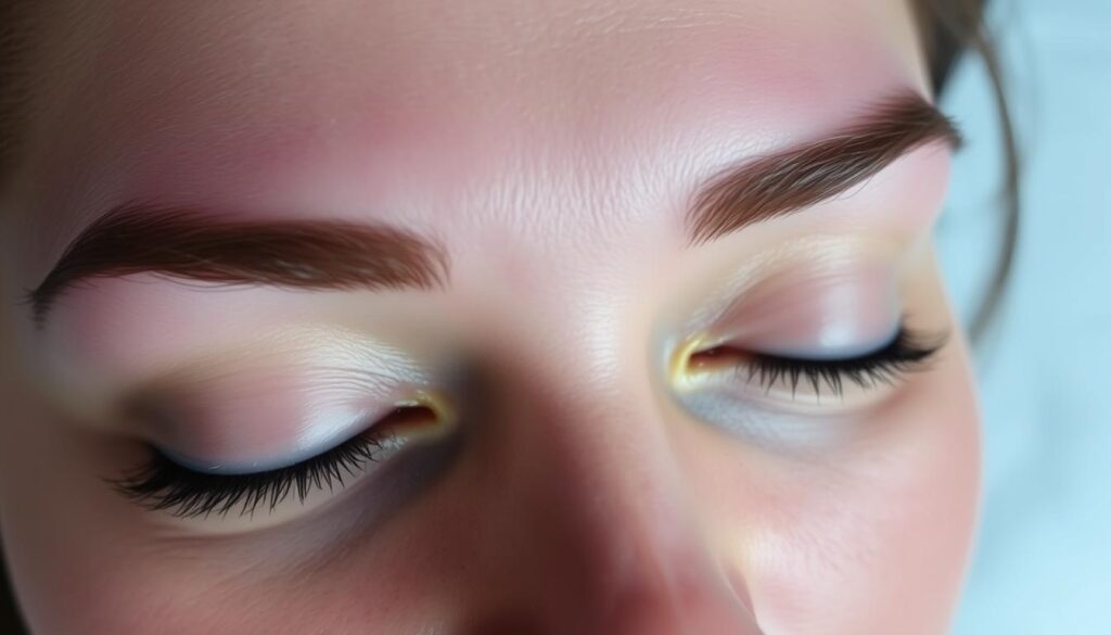 A close-up view of a woman's face, showcasing the post-permanent makeup treatment for eyebrows. The skin around the brows appears slightly reddened, indicating the recent procedure. The brows themselves are neatly shaped, with a subtle, natural-looking color and texture. The lighting is soft and diffused, creating a calming, intimate atmosphere. The background is blurred, keeping the focus on the intricate details of the brow area. The overall image conveys a sense of the care and attention required in the aftermath of a permanent makeup application. A close-up view of a woman's face, showcasing the post-permanent makeup treatment for eyebrows. The skin around the brows appears slightly reddened, indicating the recent procedure. The brows themselves are neatly shaped, with a subtle, natural-looking color and texture. The lighting is soft and diffused, creating a calming, intimate atmosphere. The background is blurred, keeping the focus on the intricate details of the brow area. The overall image conveys a sense of the care and attention required in the aftermath of a permanent makeup application.