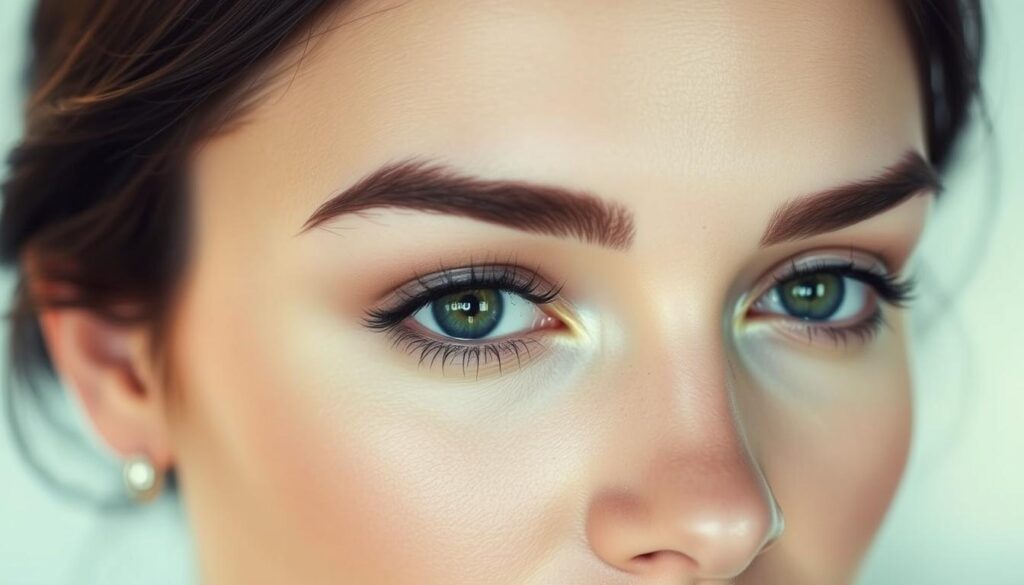 A close-up view of a woman's face, with a focus on her perfectly reconstructed eyebrows. The brows are meticulously shaped, with defined arches and a natural, full appearance. The lighting is soft and flattering, highlighting the delicate features and creating a luminous, almost ethereal effect. The background is blurred, drawing the viewer's attention to the intricate details of the brows. The image conveys a sense of confidence, beauty, and a touch of sophistication, perfectly illustrating the "Rekonstrukcja brwi jako metoda podniesienia" section of the article.