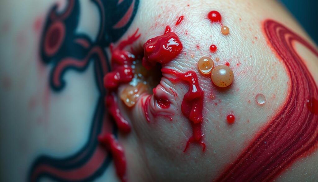 A close-up view of an infected, inflamed tattoo with a swollen, reddened appearance. The skin is blistered, peeling, and oozing with pus, conveying the painful consequences of improper tattoo aftercare. The tattoo's design is partially obscured by the damaged skin, highlighting the need for diligent and consistent care. The image is shot in soft, diffused lighting that accentuates the unhealthy, irritated skin texture. The focus is sharp, capturing the gritty details of the afflicted tattoo, evoking a sense of caution and the importance of following professional guidance for tattoo maintenance. A close-up view of an infected, inflamed tattoo with a swollen, reddened appearance. The skin is blistered, peeling, and oozing with pus, conveying the painful consequences of improper tattoo aftercare. The tattoo's design is partially obscured by the damaged skin, highlighting the need for diligent and consistent care. The image is shot in soft, diffused lighting that accentuates the unhealthy, irritated skin texture. The focus is sharp, capturing the gritty details of the afflicted tattoo, evoking a sense of caution and the importance of following professional guidance for tattoo maintenance.