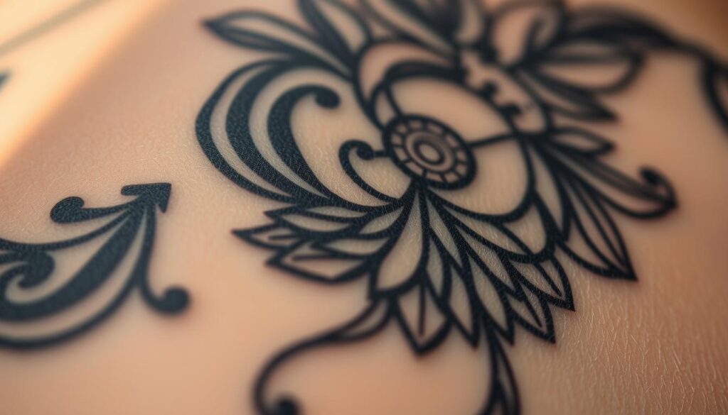 A close-up view of an intricate tattoo design, with its various components meticulously rendered. The tattoo is depicted against a soft, diffused background, with gentle highlights and shadows accentuating the depth and texture of the ink. The composition showcases the attention to detail and artistry involved in the tattooing process, capturing the essence of the "cost of a tattoo" concept. The lighting is natural and atmospheric, creating a serene, contemplative mood that invites the viewer to appreciate the craftsmanship and investment required for a high-quality tattoo. A close-up view of an intricate tattoo design, with its various components meticulously rendered. The tattoo is depicted against a soft, diffused background, with gentle highlights and shadows accentuating the depth and texture of the ink. The composition showcases the attention to detail and artistry involved in the tattooing process, capturing the essence of the "cost of a tattoo" concept. The lighting is natural and atmospheric, creating a serene, contemplative mood that invites the viewer to appreciate the craftsmanship and investment required for a high-quality tattoo.