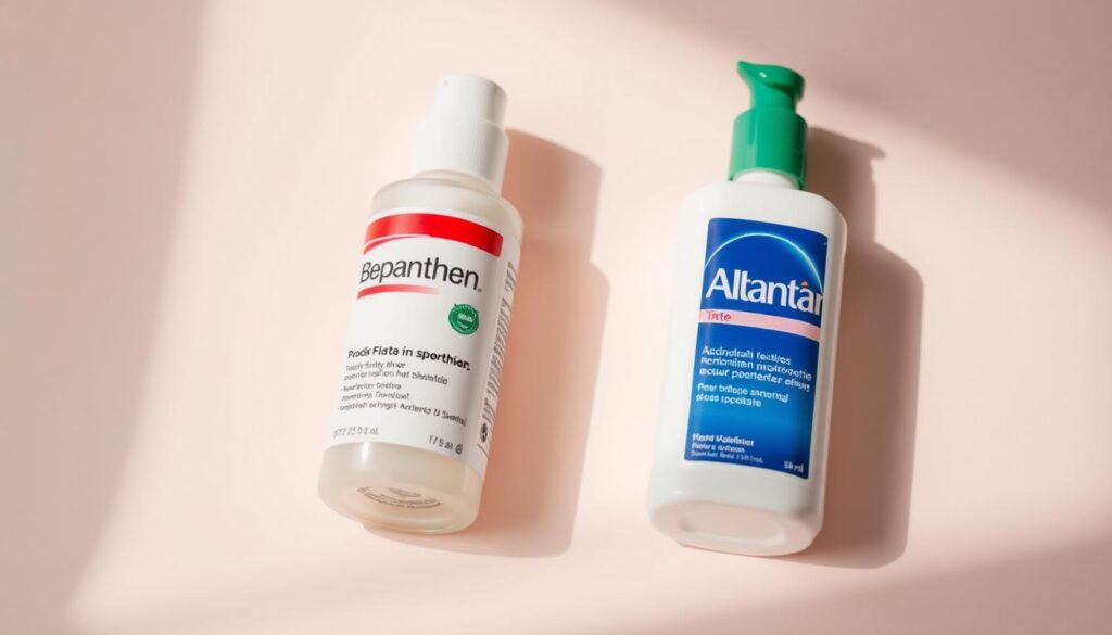 A close-up view of two skincare product bottles, one labeled "Bepanthen" and the other "Alantan", placed on a soft, neutral-colored background. The bottles are subtly lit from the side, creating gentle shadows and highlights that accentuate their shapes and textures. The scene has a clean, minimalist aesthetic, with a sense of calm and simplicity that reflects the thoughtful consideration of post-tattoo skincare. The overall composition and lighting aim to showcase the products in a visually appealing and informative manner, inviting the viewer to contemplate the choice between these two options for caring for a new tattoo. A close-up view of two skincare product bottles, one labeled "Bepanthen" and the other "Alantan", placed on a soft, neutral-colored background. The bottles are subtly lit from the side, creating gentle shadows and highlights that accentuate their shapes and textures. The scene has a clean, minimalist aesthetic, with a sense of calm and simplicity that reflects the thoughtful consideration of post-tattoo skincare. The overall composition and lighting aim to showcase the products in a visually appealing and informative manner, inviting the viewer to contemplate the choice between these two options for caring for a new tattoo.