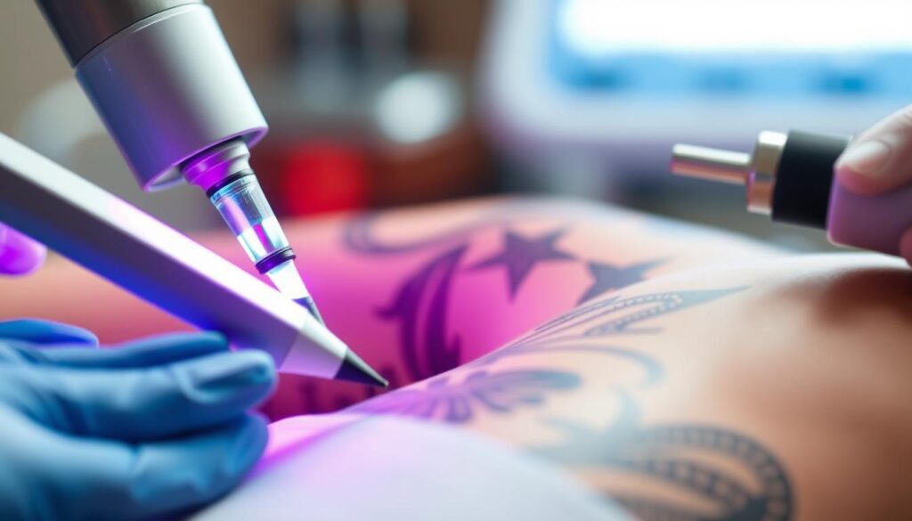A close-up view of various tattoo removal methods, including laser treatment, chemical peeling, and dermabrasion. The foreground showcases the tools and equipment used in these procedures - high-intensity lasers, chemical solutions, and abrasive devices. The middle ground depicts the process of removing a tattoo, with skin undergoing the treatment. The background is blurred, creating a sense of clinical focus on the removal techniques. The lighting is bright and directional, highlighting the details of the tools and the skin's reaction. The overall mood is one of precision, professionalism, and the effective management of tattoo removal. A close-up view of various tattoo removal methods, including laser treatment, chemical peeling, and dermabrasion. The foreground showcases the tools and equipment used in these procedures - high-intensity lasers, chemical solutions, and abrasive devices. The middle ground depicts the process of removing a tattoo, with skin undergoing the treatment. The background is blurred, creating a sense of clinical focus on the removal techniques. The lighting is bright and directional, highlighting the details of the tools and the skin's reaction. The overall mood is one of precision, professionalism, and the effective management of tattoo removal.