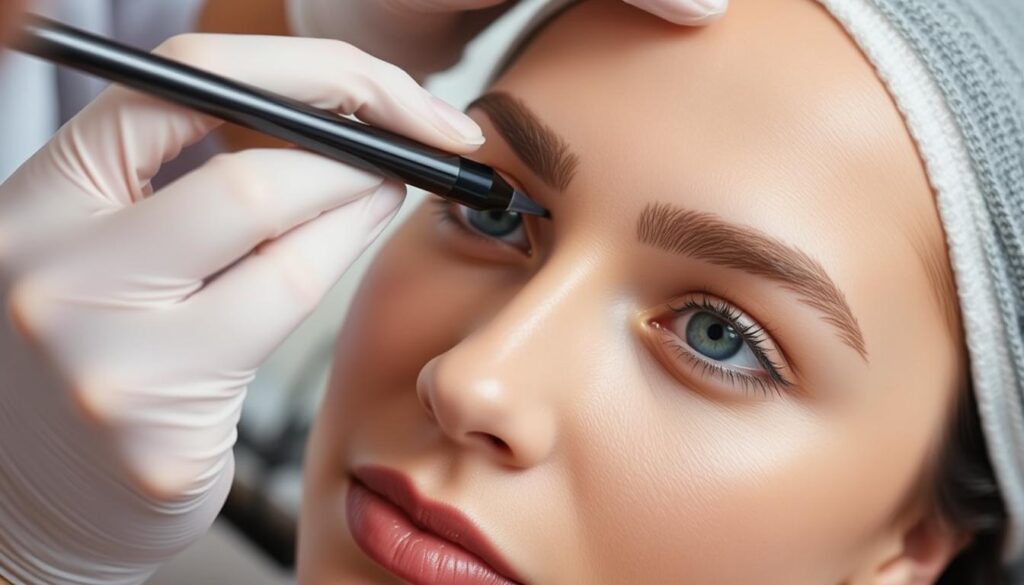 A closeup view of a woman's face during a microblading procedure for eyebrow enhancement. The scene is set in a clean, well-lit professional studio, with the aesthetician's hands carefully applying the pigment to the client's eyebrows using a specialized tool. The client's expression is one of slight discomfort but overall calm, as the process is delicately performed. The lighting is soft and flattering, capturing the intricate details of the procedure. The background is blurred, keeping the focus on the intimate, technical nature of the micropigmentation treatment.