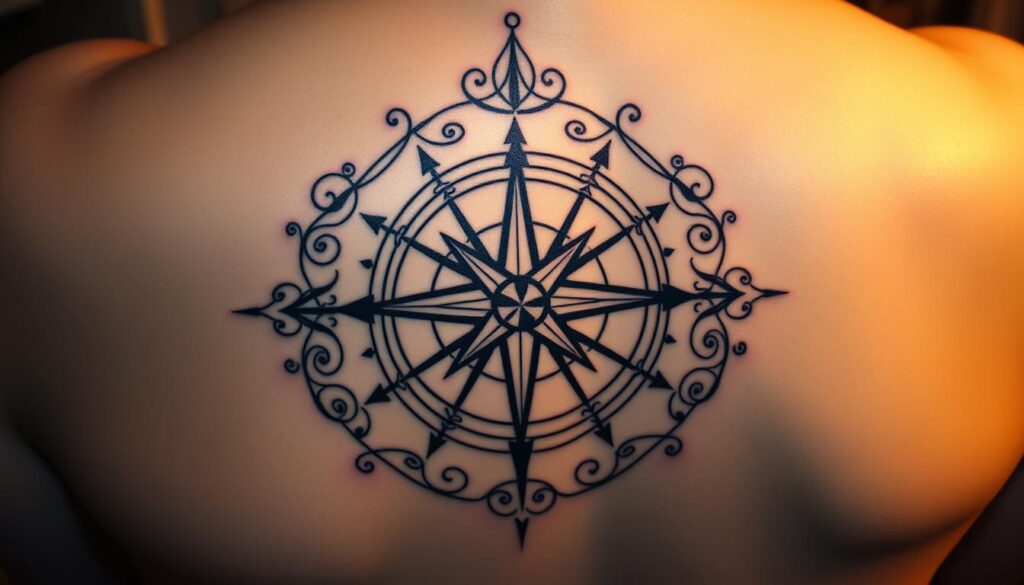 A compass tattoo design with intricate patterns and geometric shapes, capturing the essence of navigation and life's journey. The compass rose is rendered with precision, its cardinal directions accentuated by delicate linework. Surrounding the central motif, a tapestry of spirals, triangles, and intertwining lines create a visually captivating and harmonious composition. The tattoo is illuminated by soft, warm lighting, casting gentle shadows that emphasize the depth and texture of the design. The overall aesthetic is one of balance, symbolism, and a sense of exploration, reflecting the deeper meaning behind the compass tattoo.