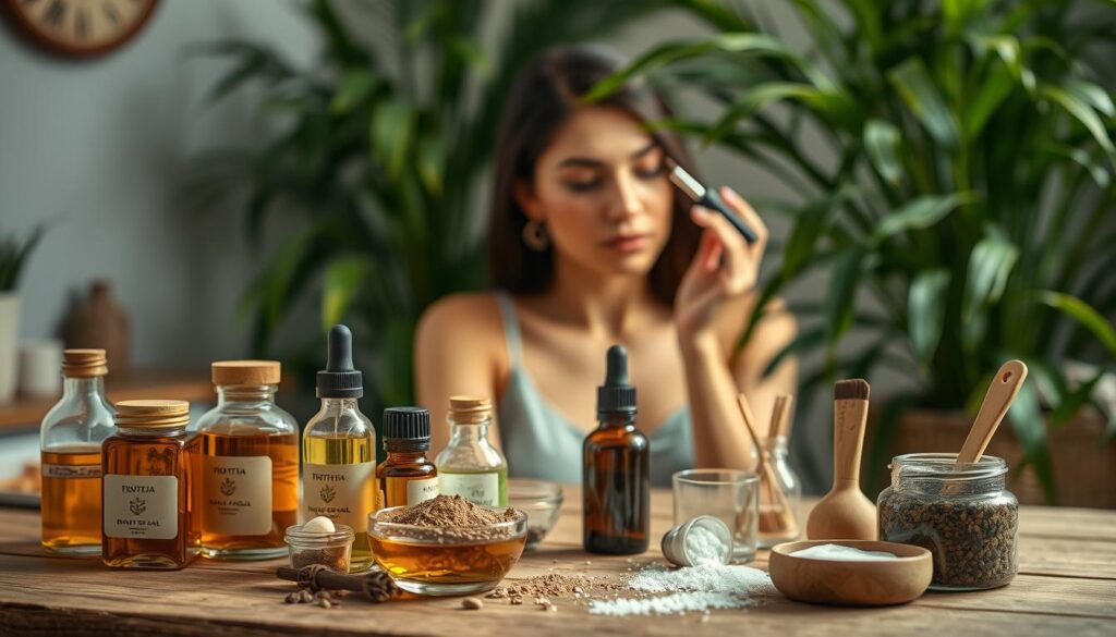 A cozy, well-lit home workspace with various natural ingredients and tools for nourishing and enhancing eyebrows. In the foreground, an array of organic cosmetic jars, oils, and powders arranged on a rustic wooden table. In the middle ground, a woman's hands gently applying a homemade brow serum or tint, her face in soft focus. The background features lush, verdant plants, creating a soothing, spa-like atmosphere. Warm, diffused lighting casts a soft, glowing ambiance, accentuating the natural, holistic approach to eyebrow care.