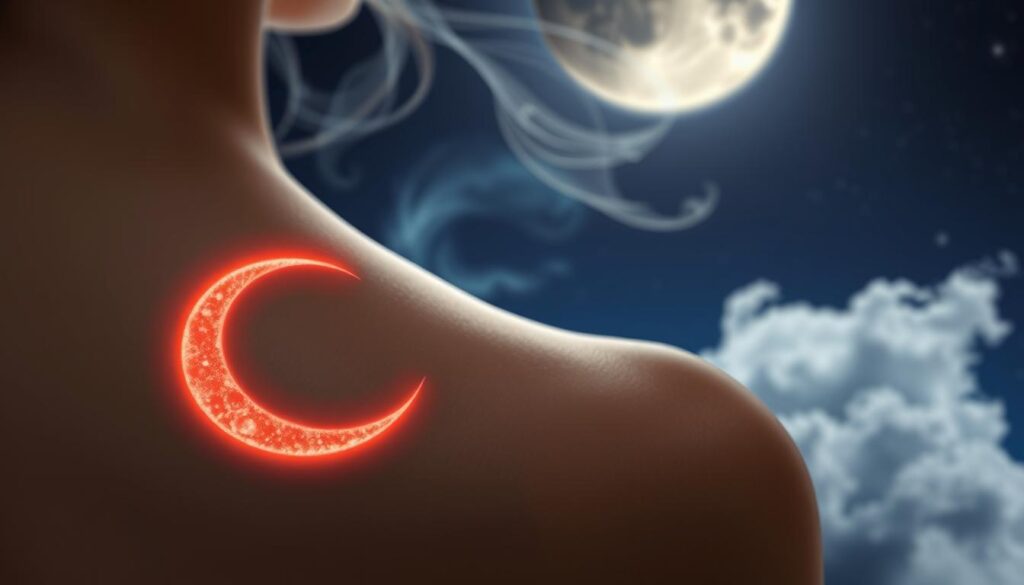 A crescent moon tattoo elegantly graces the skin, its luminous outline evoking the mystique of the feminine divine. The moon's ethereal glow illuminates the foreground, casting a soft, ethereal light upon the subject's form. In the background, a nightscape unfolds, with wispy clouds and twinkling stars creating a dreamlike, otherworldly atmosphere. The composition captures the moon's celestial allure and its deep-rooted symbolism of cyclical rebirth, intuition, and the rhythms of nature. Delicate, yet powerful, this lunar tattoo embodies the essence of feminine grace and the perpetual dance between light and shadow. A crescent moon tattoo elegantly graces the skin, its luminous outline evoking the mystique of the feminine divine. The moon's ethereal glow illuminates the foreground, casting a soft, ethereal light upon the subject's form. In the background, a nightscape unfolds, with wispy clouds and twinkling stars creating a dreamlike, otherworldly atmosphere. The composition captures the moon's celestial allure and its deep-rooted symbolism of cyclical rebirth, intuition, and the rhythms of nature. Delicate, yet powerful, this lunar tattoo embodies the essence of feminine grace and the perpetual dance between light and shadow.