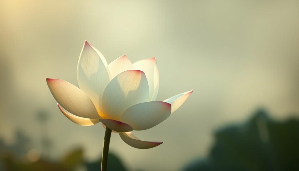 A delicate lotus flower in full bloom, its petals unfurling gracefully against a serene, misty backdrop. The blossom's pure white hue symbolizes spiritual enlightenment, while its gentle sway evokes a sense of tranquility and inner peace. Soft, ambient lighting bathes the scene, casting a warm, ethereal glow that accentuates the flower's elegant form. The overall composition conveys a deep, meditative essence, inviting the viewer to contemplate the profound significance of the lotus and its connection to themes of purity, growth, and divine connection.