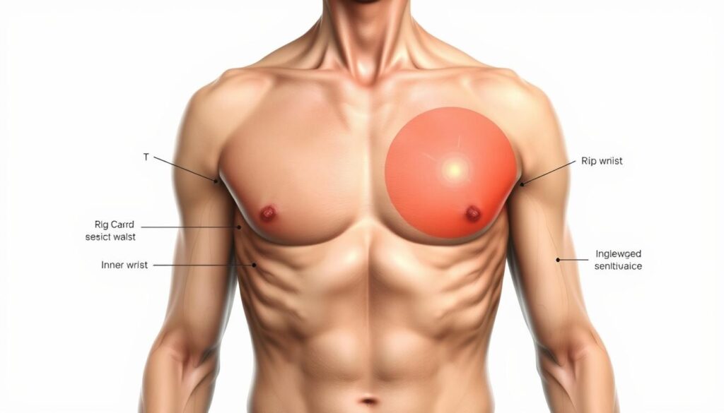 A detailed anatomical illustration showcasing the sensitive areas of the human body, with a focus on the regions most prone to experiencing discomfort during the tattoo process. The foreground depicts a neutral-toned, close-up view of a torso, highlighting the delicate skin and underlying muscle structures. The middle ground features subtle labels or annotations indicating the areas of heightened sensitivity, such as the inner wrists, ribs, and spine. The background maintains a clean, minimalist aesthetic, allowing the primary subject to remain the central focus. The lighting is soft and diffused, creating a sense of clinical precision and educational clarity. The overall mood is one of informative objectivity, guiding the viewer through the nuances of the tattooing experience.