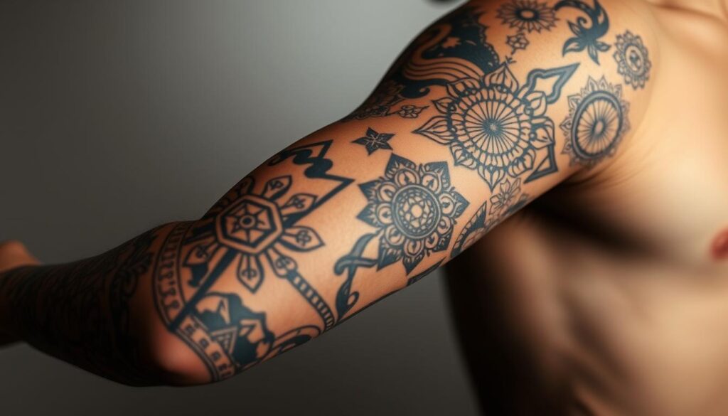 A detailed arm sleeve tattoo with intricate designs, including abstract patterns, geometric shapes, and symbolic elements. The tattoo covers the entire arm, from the shoulder to the wrist, with a seamless and cohesive composition. The skin tone is realistic, with subtle variations in shading and texture to convey the depth and three-dimensionality of the tattoo. The lighting is soft and diffused, creating a serene and artistic atmosphere, highlighting the details and contrasts of the tattoo design. The camera angle is slightly angled, providing a perspective that showcases the full extent of the arm sleeve tattoo. A detailed arm sleeve tattoo with intricate designs, including abstract patterns, geometric shapes, and symbolic elements. The tattoo covers the entire arm, from the shoulder to the wrist, with a seamless and cohesive composition. The skin tone is realistic, with subtle variations in shading and texture to convey the depth and three-dimensionality of the tattoo. The lighting is soft and diffused, creating a serene and artistic atmosphere, highlighting the details and contrasts of the tattoo design. The camera angle is slightly angled, providing a perspective that showcases the full extent of the arm sleeve tattoo.