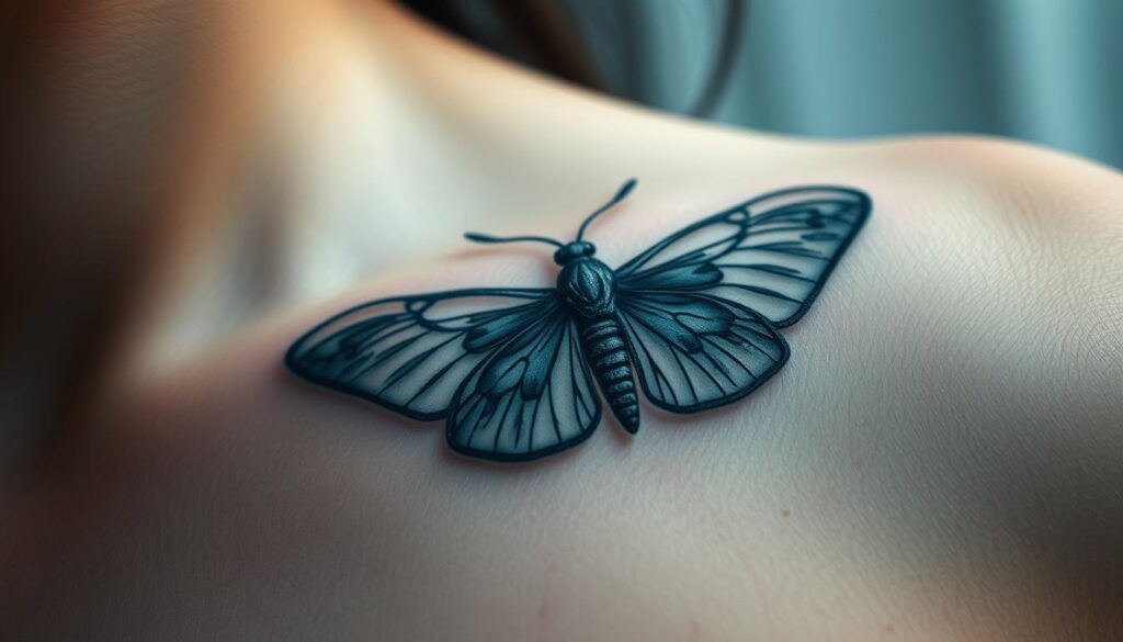A detailed close-up of a delicate moth tattoo, its fragile wings unfurled in a mesmerizing display. The tattoo is rendered in a subtle, ethereal palette of grays and soft blues, evoking a sense of transformation and the hidden depths of the psyche. The tattoo is positioned on the subject's skin in a way that suggests it is an intrinsic part of their being, a symbolic representation of the duality of life and the journey of the soul. The lighting is soft and diffused, creating a serene, contemplative atmosphere that draws the viewer into the intimate symbolism of the design. The composition is balanced and visually striking, inviting the viewer to ponder the deeper meaning behind this captivating tattoo. A detailed close-up of a delicate moth tattoo, its fragile wings unfurled in a mesmerizing display. The tattoo is rendered in a subtle, ethereal palette of grays and soft blues, evoking a sense of transformation and the hidden depths of the psyche. The tattoo is positioned on the subject's skin in a way that suggests it is an intrinsic part of their being, a symbolic representation of the duality of life and the journey of the soul. The lighting is soft and diffused, creating a serene, contemplative atmosphere that draws the viewer into the intimate symbolism of the design. The composition is balanced and visually striking, inviting the viewer to ponder the deeper meaning behind this captivating tattoo.
