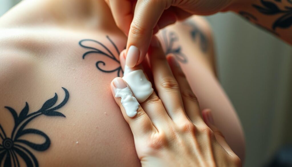 A detailed close-up of a freshly tattooed skin, with the intricate design standing out vibrantly. The skin appears healthy, with a subtle sheen, indicating proper aftercare. In the middle ground, a hand gently applies a soothing, fragrance-free moisturizer, evenly coating the tattoo. The background is soft and blurred, directing the viewer's focus to the centered action. The lighting is natural and diffused, creating a calming, serene atmosphere. The overall scene conveys the importance of diligent tattoo care, with the image serving as a visual guide for the article's subject. A detailed close-up of a freshly tattooed skin, with the intricate design standing out vibrantly. The skin appears healthy, with a subtle sheen, indicating proper aftercare. In the middle ground, a hand gently applies a soothing, fragrance-free moisturizer, evenly coating the tattoo. The background is soft and blurred, directing the viewer's focus to the centered action. The lighting is natural and diffused, creating a calming, serene atmosphere. The overall scene conveys the importance of diligent tattoo care, with the image serving as a visual guide for the article's subject.