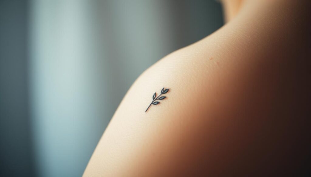 A detailed close-up of a small, minimalist tattoo design on a person's skin, capturing the intricate linework and subtle shading. The tattoo depicts a simple, delicate floral or botanical motif, perhaps a single flower or leaf. The image is shot with a soft, even lighting that highlights the textures and contours of the skin, creating a serene, almost meditative atmosphere. The focus is sharp, drawing the viewer's attention to the fine details of the tattoo work. The background is out of focus, creating a sense of depth and drawing the eye towards the central tattoo design. A detailed close-up of a small, minimalist tattoo design on a person's skin, capturing the intricate linework and subtle shading. The tattoo depicts a simple, delicate floral or botanical motif, perhaps a single flower or leaf. The image is shot with a soft, even lighting that highlights the textures and contours of the skin, creating a serene, almost meditative atmosphere. The focus is sharp, drawing the viewer's attention to the fine details of the tattoo work. The background is out of focus, creating a sense of depth and drawing the eye towards the central tattoo design.