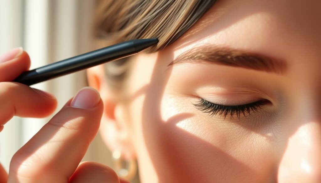 A detailed close-up of a woman's face, gently illuminated by natural daylight streaming through a window. Her eyes are closed as she carefully applies a brow pencil, expertly shaping and defining her eyebrows. The image captures the delicate, focused movements of her hand as she fills in sparse areas and creates a polished, symmetrical brow. The background is softly blurred, allowing the viewer to concentrate on the intricate process of brow preparation. The overall mood is serene and intimate, reflecting the care and attention required to achieve well-groomed, flattering eyebrows.