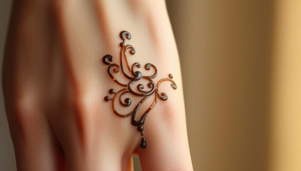A detailed, close-up view of a hand with a delicate, intricate henna tattoo on the skin. The tattoo appears vibrant, with intricate patterns and swirls in shades of brown and amber. The skin is smooth and youthful, with a natural glow. The lighting is soft and diffused, creating a warm, inviting atmosphere. The composition emphasizes the texture and depth of the henna design, highlighting its temporary and transient nature. The image captures the ephemeral beauty of this traditional form of body art, inviting the viewer to appreciate its delicate and fleeting presence on the skin. A detailed, close-up view of a hand with a delicate, intricate henna tattoo on the skin. The tattoo appears vibrant, with intricate patterns and swirls in shades of brown and amber. The skin is smooth and youthful, with a natural glow. The lighting is soft and diffused, creating a warm, inviting atmosphere. The composition emphasizes the texture and depth of the henna design, highlighting its temporary and transient nature. The image captures the ephemeral beauty of this traditional form of body art, inviting the viewer to appreciate its delicate and fleeting presence on the skin.