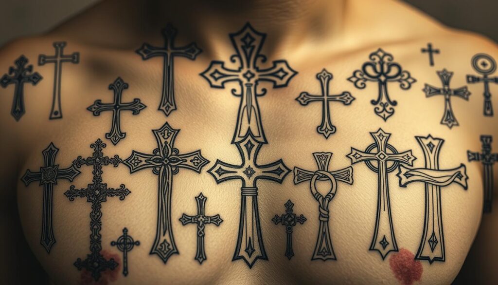 A detailed composition of various Christian cross tattoo designs, showcasing a diverse range of cross styles and symbolic elements. The foreground features a selection of prominent cross tattoos, including classic Latin, Eastern Orthodox, and Celtic cross motifs, rendered with intricate linework and shading. The middle ground presents additional cross tattoo variations, such as the Maltese, St. Andrew's, and Tau crosses, each with unique visual characteristics. The background subtly suggests the human form, hinting at the placement of these sacred symbols on the body. The lighting is soft and directional, creating depth and emphasizing the textures and details of the tattoo designs. The overall mood is one of reverence and artistry, reflecting the deep cultural and spiritual significance of these cross tattoo motifs. A detailed composition of various Christian cross tattoo designs, showcasing a diverse range of cross styles and symbolic elements. The foreground features a selection of prominent cross tattoos, including classic Latin, Eastern Orthodox, and Celtic cross motifs, rendered with intricate linework and shading. The middle ground presents additional cross tattoo variations, such as the Maltese, St. Andrew's, and Tau crosses, each with unique visual characteristics. The background subtly suggests the human form, hinting at the placement of these sacred symbols on the body. The lighting is soft and directional, creating depth and emphasizing the textures and details of the tattoo designs. The overall mood is one of reverence and artistry, reflecting the deep cultural and spiritual significance of these cross tattoo motifs.