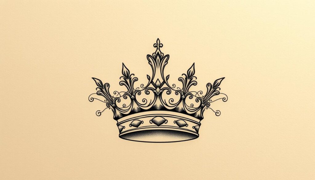 A detailed crown tattoo design, intricately rendered with ornate, flourishing lines and delicate filigree patterns. The crown is the central focal point, positioned prominently against a subtly textured, muted background that evokes a sense of power, prestige, and regal authority. The lighting is soft and diffused, casting gentle shadows that accentuate the depth and dimension of the design. The overall composition is well-balanced, with the crown commanding attention while the background provides a harmonious, understated complement. The mood is one of refined elegance and quiet confidence, reflecting the meaning of the crown tattoo as a symbol of personal strength, independence, and mastery. A detailed crown tattoo design, intricately rendered with ornate, flourishing lines and delicate filigree patterns. The crown is the central focal point, positioned prominently against a subtly textured, muted background that evokes a sense of power, prestige, and regal authority. The lighting is soft and diffused, casting gentle shadows that accentuate the depth and dimension of the design. The overall composition is well-balanced, with the crown commanding attention while the background provides a harmonious, understated complement. The mood is one of refined elegance and quiet confidence, reflecting the meaning of the crown tattoo as a symbol of personal strength, independence, and mastery.