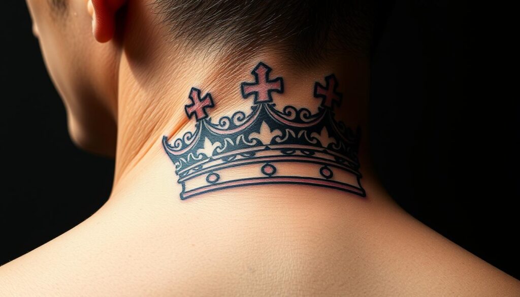 A detailed crown tattoo on the back of a person's neck, casting a regal and powerful presence. The crown is intricately designed with ornate patterns and flourishes, meticulously rendered in rich, saturated colors. The tattoo's placement on the nape emphasizes the wearer's confidence and independence. Soft, dramatic lighting from the side accentuates the contours of the design, creating depth and dimension. The skin's texture is captured with photorealistic clarity, allowing the tattoo to stand out prominently. The overall composition exudes a sense of authority, prestige, and personal identity. A detailed crown tattoo on the back of a person's neck, casting a regal and powerful presence. The crown is intricately designed with ornate patterns and flourishes, meticulously rendered in rich, saturated colors. The tattoo's placement on the nape emphasizes the wearer's confidence and independence. Soft, dramatic lighting from the side accentuates the contours of the design, creating depth and dimension. The skin's texture is captured with photorealistic clarity, allowing the tattoo to stand out prominently. The overall composition exudes a sense of authority, prestige, and personal identity.