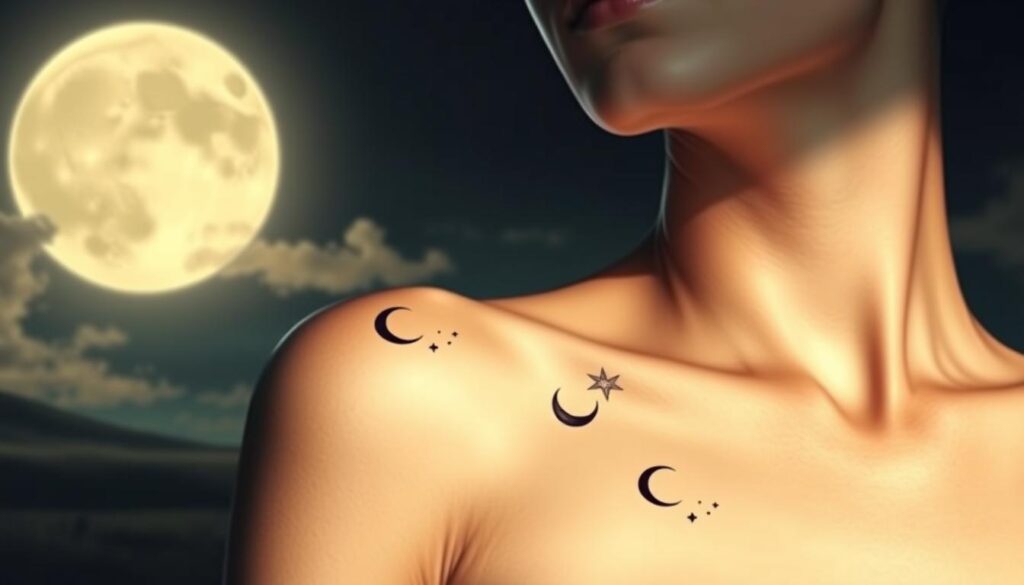A detailed, ethereal composition showcasing a variety of elegant, minimalist lunar tattoo designs. The foreground features delicate crescent moons, full moons, and abstract celestial patterns artfully inked onto soft, luminous skin. The middle ground highlights the natural beauty of the human form, with the tattoos subtly accentuating the curves and contours. In the background, a serene, moonlit landscape sets the mood, with a softly glowing night sky and wispy, cloud-like shapes creating an otherworldly, mystical ambiance. Crisp, high-contrast lighting illuminates the tattoos, imbuing them with a sense of mystique and allure. The overall effect is one of refined femininity, enchantment, and the eternal cycles of nature. A detailed, ethereal composition showcasing a variety of elegant, minimalist lunar tattoo designs. The foreground features delicate crescent moons, full moons, and abstract celestial patterns artfully inked onto soft, luminous skin. The middle ground highlights the natural beauty of the human form, with the tattoos subtly accentuating the curves and contours. In the background, a serene, moonlit landscape sets the mood, with a softly glowing night sky and wispy, cloud-like shapes creating an otherworldly, mystical ambiance. Crisp, high-contrast lighting illuminates the tattoos, imbuing them with a sense of mystique and allure. The overall effect is one of refined femininity, enchantment, and the eternal cycles of nature.