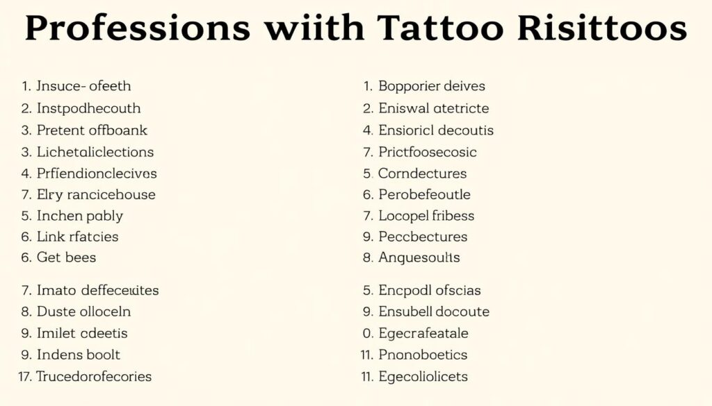 A detailed, high-resolution image of a formal, minimalist list depicting various professions and occupations that prohibit the display of tattoos. The list is presented against a neutral, light-colored background, with a clean, typographic layout and a sense of order and organization. The text should be clear, legible, and well-spaced, conveying a professional and official tone. The overall composition should be visually appealing, with a balanced, symmetrical design that effectively communicates the concept of "professions with tattoo restrictions." A detailed, high-resolution image of a formal, minimalist list depicting various professions and occupations that prohibit the display of tattoos. The list is presented against a neutral, light-colored background, with a clean, typographic layout and a sense of order and organization. The text should be clear, legible, and well-spaced, conveying a professional and official tone. The overall composition should be visually appealing, with a balanced, symmetrical design that effectively communicates the concept of "professions with tattoo restrictions."