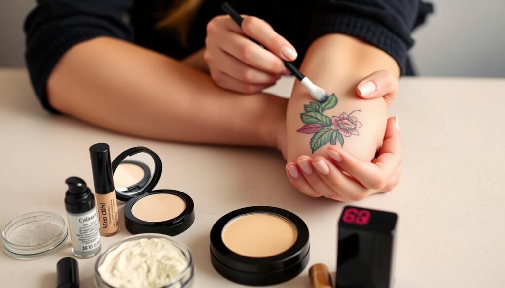A detailed, high-resolution image of the most effective ways to cover up a tattoo. The frame shows a woman's forearm, with a vibrant tattoo in the middle. In the foreground, there are various cosmetic products such as concealer, powder, and color-correcting makeup. In the middle ground, we see the woman's hand carefully applying the makeup over the tattoo, blending it seamlessly. The background features a clean, neutral-toned surface, allowing the focus to remain on the tattoo and the application process. The lighting is soft and diffused, creating a natural, skin-like finish. The overall mood is one of expertise and efficacy, showcasing the ability to effectively conceal a tattoo through skillful makeup application. A detailed, high-resolution image of the most effective ways to cover up a tattoo. The frame shows a woman's forearm, with a vibrant tattoo in the middle. In the foreground, there are various cosmetic products such as concealer, powder, and color-correcting makeup. In the middle ground, we see the woman's hand carefully applying the makeup over the tattoo, blending it seamlessly. The background features a clean, neutral-toned surface, allowing the focus to remain on the tattoo and the application process. The lighting is soft and diffused, creating a natural, skin-like finish. The overall mood is one of expertise and efficacy, showcasing the ability to effectively conceal a tattoo through skillful makeup application.