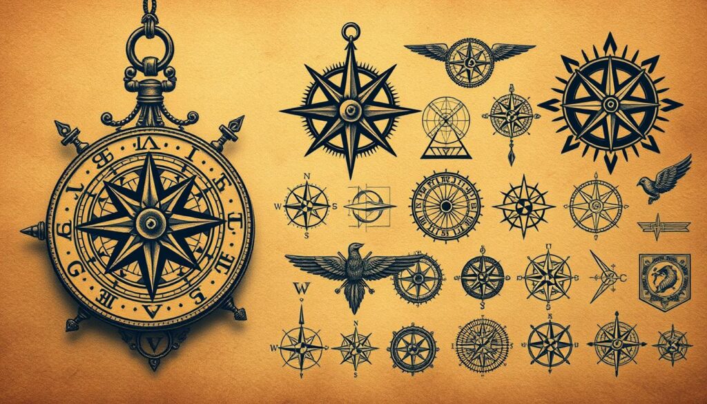 A detailed historical illustration of tattoo designs featuring a vintage compass motif. The foreground depicts an intricate compass tattoo, its weathered lines and embellishments evoking a sense of exploration and journeying. The middle ground showcases a collection of diverse compass tattoo styles, from classic linework to contemporary geometric interpretations, arranged in a visually captivating display. The background features a subtly textured, sepia-toned backdrop, reminiscent of aged parchment or weathered leather, adding a sense of timelessness and heritage to the scene. Warm, directional lighting casts soft shadows, enhancing the depth and dimension of the tattoo designs. The overall mood is one of adventure, exploration, and the timeless allure of the compass motif as a symbol of personal direction and life's journey.