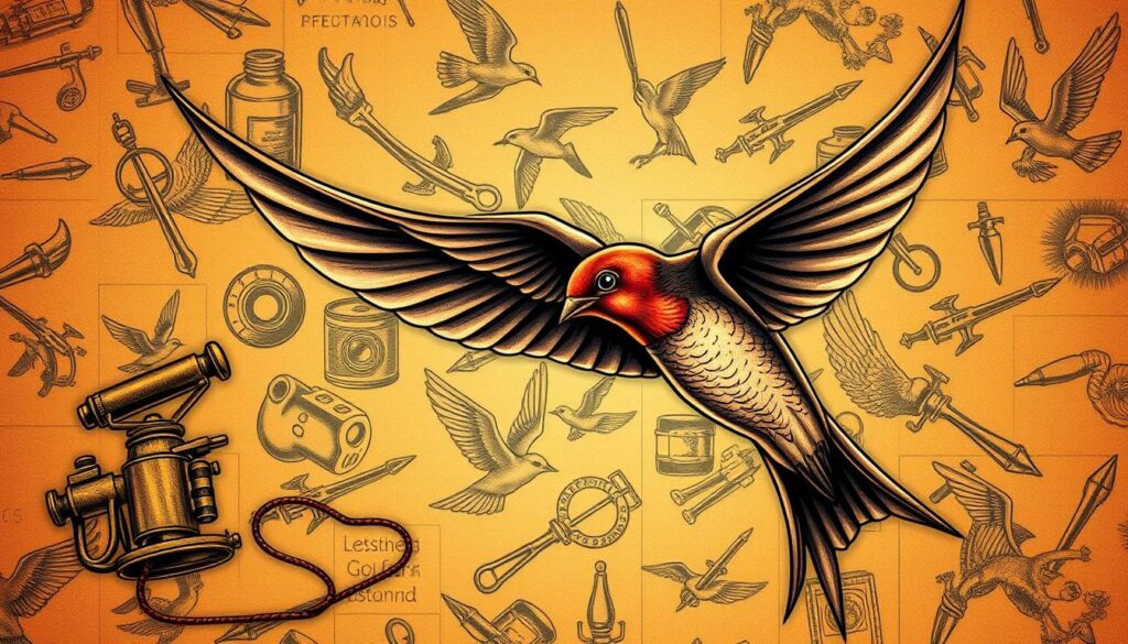 A detailed illustration depicting the history and tradition of the swallow tattoo. In the foreground, a finely detailed swallow in flight, its wings outstretched against a warm, golden backdrop. The bird's feathers meticulously rendered, capturing the intricate patterns and subtle shades. In the middle ground, a vintage-style tattoo machine and assorted tattoo equipment, hinting at the evolution of the swallow as a beloved tattoo motif. The background features a patchwork of historical tattoo designs and illustrations, evoking the rich tapestry of tattoo culture and its long-standing traditions. Soft, moody lighting casts dramatic shadows, imbuing the scene with a sense of timelessness and artistic reverence. A detailed illustration depicting the history and tradition of the swallow tattoo. In the foreground, a finely detailed swallow in flight, its wings outstretched against a warm, golden backdrop. The bird's feathers meticulously rendered, capturing the intricate patterns and subtle shades. In the middle ground, a vintage-style tattoo machine and assorted tattoo equipment, hinting at the evolution of the swallow as a beloved tattoo motif. The background features a patchwork of historical tattoo designs and illustrations, evoking the rich tapestry of tattoo culture and its long-standing traditions. Soft, moody lighting casts dramatic shadows, imbuing the scene with a sense of timelessness and artistic reverence.