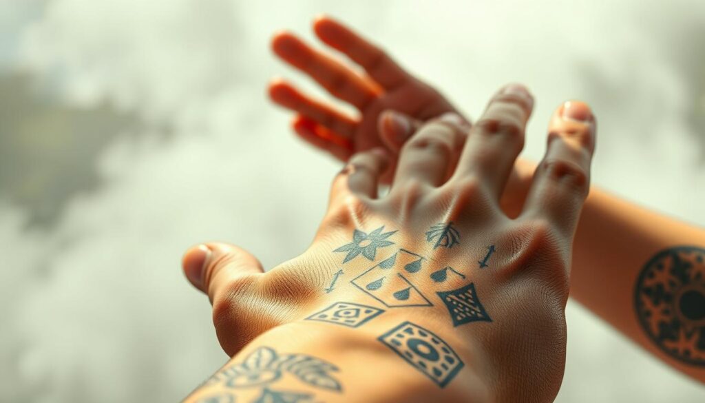 A detailed illustration of symbolic tattoo designs, capturing the essence of personal identity and self-expression. In the foreground, an intricate tattoo pattern unfolds, featuring a blend of geometric shapes, natural motifs, and meaningful iconography. The middle ground showcases the expressive hand of the tattooed individual, conveying the personal significance and emotional connection to the design. The background subtly fades into a soft, atmospheric backdrop, allowing the focus to remain on the symbolic tattoo and its deeper significance. Lighting is natural and diffused, creating a sense of depth and highlighting the delicate lines and textures of the tattoo artwork. The overall mood is contemplative, inviting the viewer to explore the personal and cultural meaning behind the symbolic tattoo design. A detailed illustration of symbolic tattoo designs, capturing the essence of personal identity and self-expression. In the foreground, an intricate tattoo pattern unfolds, featuring a blend of geometric shapes, natural motifs, and meaningful iconography. The middle ground showcases the expressive hand of the tattooed individual, conveying the personal significance and emotional connection to the design. The background subtly fades into a soft, atmospheric backdrop, allowing the focus to remain on the symbolic tattoo and its deeper significance. Lighting is natural and diffused, creating a sense of depth and highlighting the delicate lines and textures of the tattoo artwork. The overall mood is contemplative, inviting the viewer to explore the personal and cultural meaning behind the symbolic tattoo design.