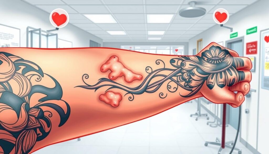 A detailed medical illustration of a person's arm with a fresh tattoo, showcasing the reasons why someone with a new tattoo cannot donate blood. The foreground depicts the tattoo in vivid detail, with intricate linework and bold colors. The middle ground shows the skin around the tattoo, slightly inflamed and tender. The background features a sterile medical environment, with equipment and signage indicating a blood donation center. The overall mood is informative and educational, conveying the importance of the medical guidelines around donating blood after receiving a tattoo.