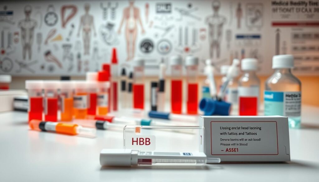 A detailed medical laboratory setup with various test tubes, vials, and diagnostic equipment arranged on a sterile white countertop. The foreground features a close-up view of a hepatitis B virus (HBV) test kit, its components clearly visible. The middle ground showcases other standard blood testing tools like syringes, tourniquets, and alcohol swabs. The background subtly incorporates related medical imagery such as anatomical diagrams or scientific charts, establishing a professional, clinical atmosphere. Warm, diffused lighting casts a soothing glow over the scene, creating a sense of reassurance and competence. The overall composition conveys the importance of thorough medical examinations and the care taken in the process of assessing donor eligibility for individuals with tattoos.