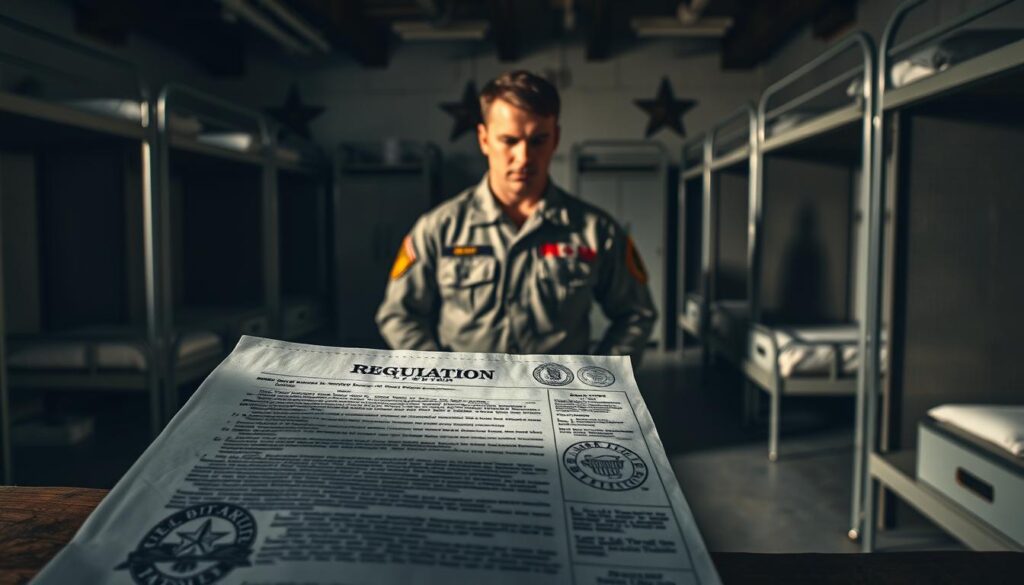 A detailed military regulation document against a backdrop of a grungy army barracks. The document takes up the foreground, displaying official-looking stamps and seals. In the middle ground, a soldier stands at attention, examining the document with a serious expression. The background features bunk beds, lockers, and other utilitarian furnishings, casting a subdued, disciplined atmosphere. Dramatic side lighting casts shadows, highlighting the gravity of the military setting. The overall tone conveys the weight and importance of the regulations governing tattoos in the armed forces. A detailed military regulation document against a backdrop of a grungy army barracks. The document takes up the foreground, displaying official-looking stamps and seals. In the middle ground, a soldier stands at attention, examining the document with a serious expression. The background features bunk beds, lockers, and other utilitarian furnishings, casting a subdued, disciplined atmosphere. Dramatic side lighting casts shadows, highlighting the gravity of the military setting. The overall tone conveys the weight and importance of the regulations governing tattoos in the armed forces.