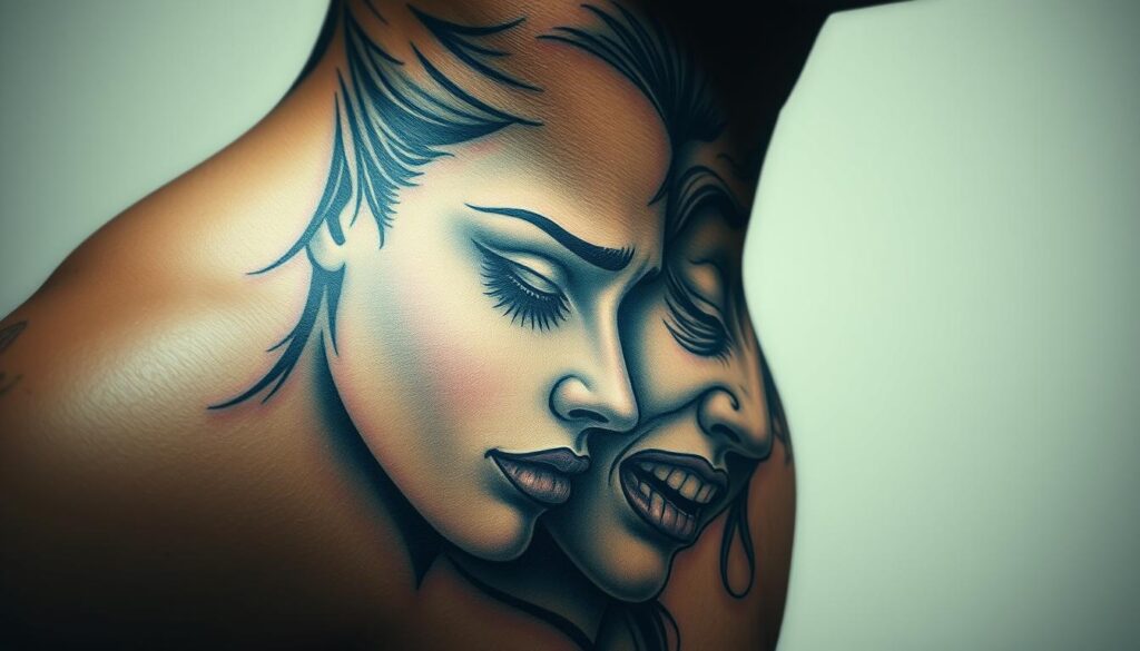 A detailed portrait of a tattoo depicting two intertwined faces, conveying a sense of duality and inner conflict. The tattoo is rendered in a realistic, high-resolution style, showcasing the intricate linework, shading, and color palette. The faces are depicted in a manner that suggests a hidden, emotional narrative, with one side appearing calm and serene, and the other side expressing a more turbulent, expressive persona. The lighting is soft and diffused, creating a contemplative atmosphere that invites the viewer to ponder the deeper meaning and symbolism behind the tattoo design. A detailed portrait of a tattoo depicting two intertwined faces, conveying a sense of duality and inner conflict. The tattoo is rendered in a realistic, high-resolution style, showcasing the intricate linework, shading, and color palette. The faces are depicted in a manner that suggests a hidden, emotional narrative, with one side appearing calm and serene, and the other side expressing a more turbulent, expressive persona. The lighting is soft and diffused, creating a contemplative atmosphere that invites the viewer to ponder the deeper meaning and symbolism behind the tattoo design.