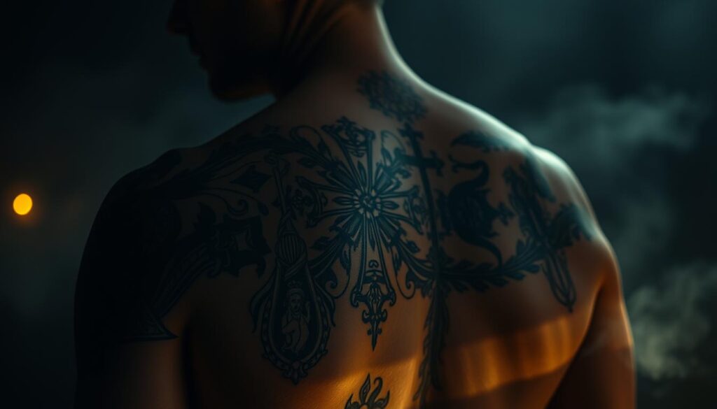 A detailed religious tattoo design on a human canvas, set against a dimly lit, atmospheric backdrop. The tattoo features intricate, symbolic imagery such as ornate crosses, religious iconography, and mystical patterns. The lighting casts dramatic shadows, creating a contemplative, spiritual mood. The tattoo is the focal point, surrounded by a hazy, ethereal environment that evokes a sense of reverence and devotion. The composition emphasizes the personal, intimate nature of the tattoo as a expression of one's faith and beliefs. A detailed religious tattoo design on a human canvas, set against a dimly lit, atmospheric backdrop. The tattoo features intricate, symbolic imagery such as ornate crosses, religious iconography, and mystical patterns. The lighting casts dramatic shadows, creating a contemplative, spiritual mood. The tattoo is the focal point, surrounded by a hazy, ethereal environment that evokes a sense of reverence and devotion. The composition emphasizes the personal, intimate nature of the tattoo as a expression of one's faith and beliefs.