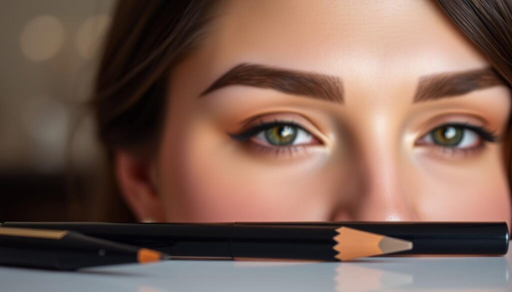 A detailed step-by-step guide to effortless eyebrow artistry. A close-up view of a woman's face, illuminated by soft, diffused lighting that accentuates the natural contours of her brows. The foreground features various high-quality makeup tools laid out neatly, including a fine-tipped brow pencil, a small angled brush, and a spoolie. In the middle ground, the subject's face is in sharp focus, showcasing her elegant, well-groomed brows with precision. The background is blurred, creating a sense of depth and emphasizing the subject. The overall mood is one of calm, professional expertise, inspiring viewers to master the techniques for flawless, natural-looking brows.