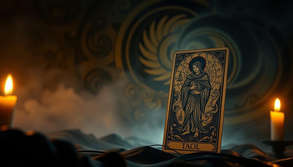 A detailed tarot card tattoo design with a rich, mystical atmosphere. In the foreground, the intricate imagery of a tarot card, such as the Fool or the Magician, rendered in a bold, symbolic style with intricate linework and deep, saturated colors. In the middle ground, a soft, ambient glow illuminates the card, creating an aura of mystery and spiritual power. In the background, a swirling, ethereal landscape of abstract shapes and patterns, hinting at the esoteric and divination-related themes of the tarot. Dramatic shadows and highlights, as if lit by candlelight, add depth and drama to the composition. The overall mood is one of contemplation, revelation, and the exploration of fate, chance, and the unseen forces that shape our lives. A detailed tarot card tattoo design with a rich, mystical atmosphere. In the foreground, the intricate imagery of a tarot card, such as the Fool or the Magician, rendered in a bold, symbolic style with intricate linework and deep, saturated colors. In the middle ground, a soft, ambient glow illuminates the card, creating an aura of mystery and spiritual power. In the background, a swirling, ethereal landscape of abstract shapes and patterns, hinting at the esoteric and divination-related themes of the tarot. Dramatic shadows and highlights, as if lit by candlelight, add depth and drama to the composition. The overall mood is one of contemplation, revelation, and the exploration of fate, chance, and the unseen forces that shape our lives.