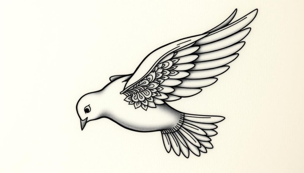 A detailed tattoo design of a dove, featuring intricate patterns and motifs symbolizing peace, hope, and spirituality. The dove is depicted in a realistic style, with delicate feathers and subtle shading, set against a softly blurred background. The composition emphasizes the graceful lines and elegant silhouette of the bird, capturing its serene and contemplative essence. The overall image conveys a sense of tranquility, inviting the viewer to meditate on the deeper meaning and significance of the dove tattoo motif. A detailed tattoo design of a dove, featuring intricate patterns and motifs symbolizing peace, hope, and spirituality. The dove is depicted in a realistic style, with delicate feathers and subtle shading, set against a softly blurred background. The composition emphasizes the graceful lines and elegant silhouette of the bird, capturing its serene and contemplative essence. The overall image conveys a sense of tranquility, inviting the viewer to meditate on the deeper meaning and significance of the dove tattoo motif.