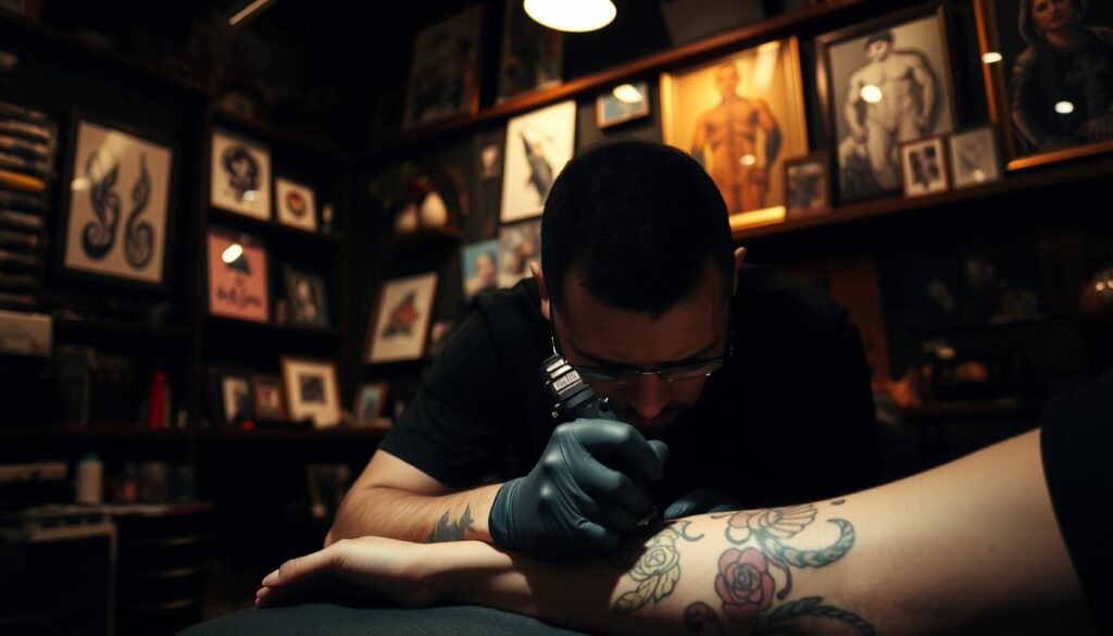 A dimly lit tattoo studio, with a focused artist hunched over an arm, carefully etching intricate designs onto the skin. The vibrant hues of the tattoo ink contrasting against the client's arm, as the tattoo machine's whirring sound fills the air. In the background, shelves displaying a vast array of tattoo equipment and art pieces, creating an atmosphere of creative expression and professionalism. The lighting is warm and inviting, casting subtle shadows that accentuate the artist's concentration and the client's anticipation. The scene conveys the delicate yet transformative nature of the tattoo process, where the artist's skill and the client's trust converge to create a work of body art. A dimly lit tattoo studio, with a focused artist hunched over an arm, carefully etching intricate designs onto the skin. The vibrant hues of the tattoo ink contrasting against the client's arm, as the tattoo machine's whirring sound fills the air. In the background, shelves displaying a vast array of tattoo equipment and art pieces, creating an atmosphere of creative expression and professionalism. The lighting is warm and inviting, casting subtle shadows that accentuate the artist's concentration and the client's anticipation. The scene conveys the delicate yet transformative nature of the tattoo process, where the artist's skill and the client's trust converge to create a work of body art.