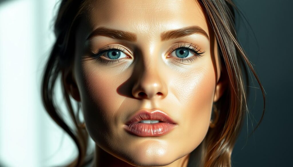 A glamorously lit close-up portrait of a woman's face, with her perfectly sculpted eyebrows as the focal point. The brows are elegantly arched, with soft, natural-looking strokes that create a flawless, effortless appearance. The lighting is directional, casting subtle shadows that enhance the contours and shape of the brows. The skin is luminous, with a dewy, healthy glow, and the eyes are accentuated with just the right amount of subtle eye makeup. The overall mood is one of understated sophistication and refinement, capturing the essence of "Jak narysować brwi - idealny łuk bez wysiłku".