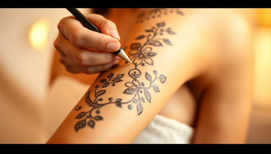 A henna tattoo artist's skilled hands carefully applying intricate, organic patterns onto a model's arm against a soft, blurred background. The tattoos flow elegantly, with natural motifs like leaves, flowers, and vines. Warm, diffused lighting casts a gentle glow, highlighting the delicate henna designs. The model's skin has a healthy, radiant tone, allowing the temporary tattoos to stand out beautifully. The overall scene conveys a serene, spa-like atmosphere, showcasing the beauty and artistry of henna body art. A henna tattoo artist's skilled hands carefully applying intricate, organic patterns onto a model's arm against a soft, blurred background. The tattoos flow elegantly, with natural motifs like leaves, flowers, and vines. Warm, diffused lighting casts a gentle glow, highlighting the delicate henna designs. The model's skin has a healthy, radiant tone, allowing the temporary tattoos to stand out beautifully. The overall scene conveys a serene, spa-like atmosphere, showcasing the beauty and artistry of henna body art.