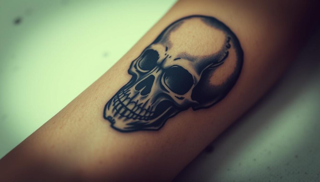 A high-contrast, sharply-focused close-up photograph of a detailed, intricate skull tattoo on a human forearm. The skull is rendered in a gritty, dark, slightly macabre style, with realistic textures and shadowing to create a sense of depth and dimension. The tattoo is set against a neutral, slightly mottled skin tone background, allowing the design to be the central focus. Subtle vignetting and balanced lighting from an overhead source create an atmospheric, pensive mood, emphasizing the symbolic significance of the skull motif as a representation of mortality, transition, and inner strength. A high-contrast, sharply-focused close-up photograph of a detailed, intricate skull tattoo on a human forearm. The skull is rendered in a gritty, dark, slightly macabre style, with realistic textures and shadowing to create a sense of depth and dimension. The tattoo is set against a neutral, slightly mottled skin tone background, allowing the design to be the central focus. Subtle vignetting and balanced lighting from an overhead source create an atmospheric, pensive mood, emphasizing the symbolic significance of the skull motif as a representation of mortality, transition, and inner strength.