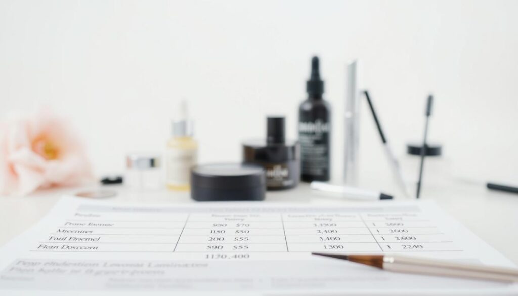 A high-quality, detailed price list for eyebrow lamination treatments, presented on a clean, minimal backdrop. The foreground features a neatly organized table with clear pricing information, column headers, and precise numerical values. The middle ground showcases a selection of eyebrow care products, including serums, gels, and tools, hinting at the comprehensive nature of the services offered. The background maintains a soft, out-of-focus elegance, allowing the pricing details to take center stage. Subtle lighting from the top-left casts a natural, professional glow across the scene, accentuating the modern, informative aesthetic.